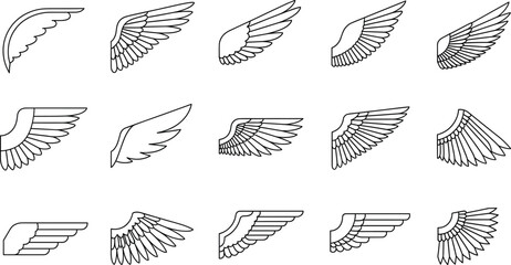 Set of 15 wing vector icons featuring various feathered designs for bird angel and heraldic flight symbols in minimalist black line art style © Rubya