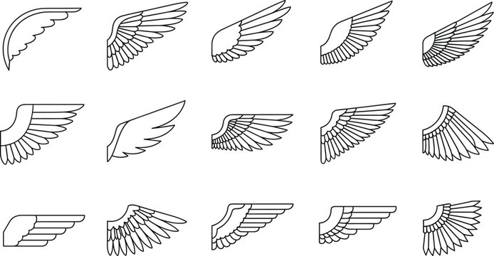 Set of 15 wing vector icons featuring various feathered designs for bird angel and heraldic flight symbols in minimalist black line art style