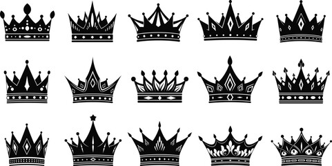 Set of 15 black royal crown silhouette icons featuring various ornamental designs tiaras and heraldic symbols for luxury branding majesty logos and gaming interface assets © Rubya