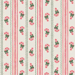 Seamless Christmas Candy Cane Pattern with Vertical Stripes and Hand-Drawn Vector Texture for Holiday Packaging