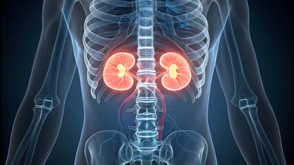 Xray of human abdominal cavity with glowing kidneys highlighted