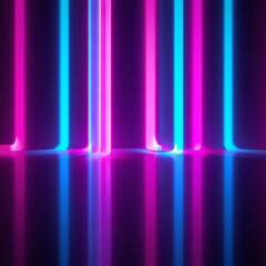 Neon lights in dark room with pink and blue glowing vertical stripes on wall and floor