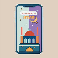 Minimalist Digital Iftar Invitation on Smartphone Screen, Modern Ramadan Party Invite Flat Vector, Isolated on White Background.