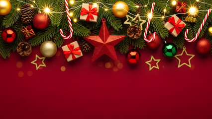 Festive Christmas Header Design with Seasonal Decoration isolated red background