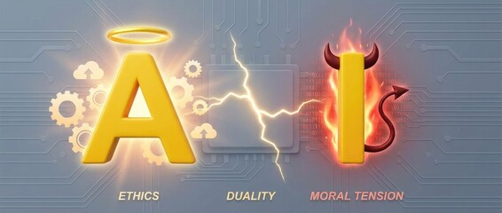 AI ethics and duality concept with angelic and demonic AI on circuit board background with lightning