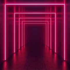 Neon pink tunnel with glowing rectangular lights, futuristic corridor with dark atmosphere and vibrant illumination, abstract architectural background