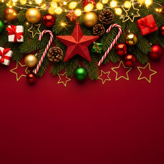 Red Christmas Banner with Festive Decorations and Copy red Space