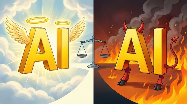 AI depicted as both angelic and demonic with a scale of justice in between artificial intelligence good versus evil