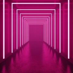 Vibrant pink neon-lit corridor with futuristic tunnel design and glowing lines