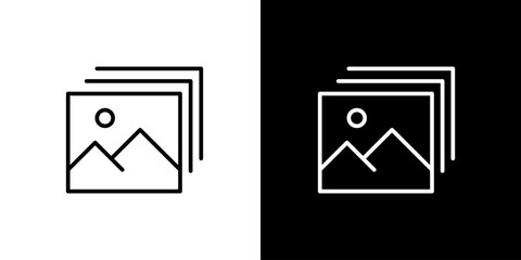Vector line icon of stacked image frames with a landscape, ideal for digital photo galleries and visual content management systems