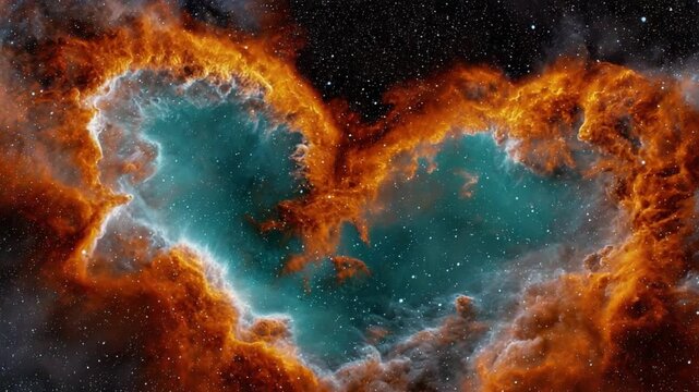 Cosmic Heart Nebula: An evocative celestial display, a heart-shaped nebula formed from cosmic dust and ionized gases against a backdrop of twinkling stars, inviting contemplation of the universe.