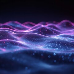 Vibrant purple and blue digital wave pattern with sparkling particles on a dark background, futuristic technology concept