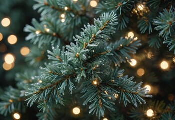 Obraz premium Frosted Pine Branch with Glistening White Bokeh Lights