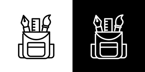 Minimalist line art icon of a pencil case filled with essential art and drawing supplies, including brushes and a ruler, ideal for educational, creative, and design-related projects