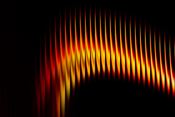Abstract futuristic background with glowing vertical distorted red and orange neon stripes lines on black, dynamic light wave pattern and energetic digital motion texture