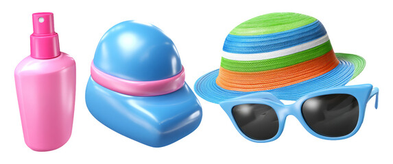 High Gloss 3D Render of Summer Essentials Including Sunscreen, Hat, and Sunglasses
