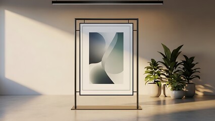 Minimalist interior with framed abstract art and lush green house plants