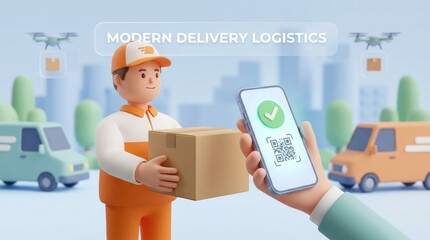 Modern delivery logistics with drones, vans, courier, and smartphone confirmation package parcel