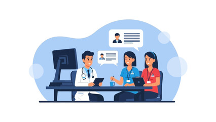 Doctor consulting with patients in a medical office setting with computer screen display