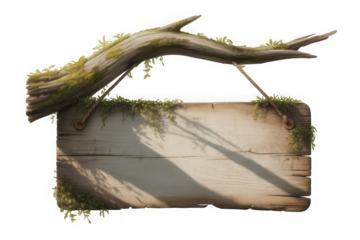  light wood signboard hanging on a dead branch .Isolated on transparent background, png