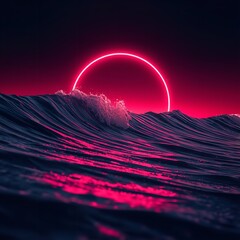 Neon pink sunset over ocean waves, futuristic and surreal landscape with glowing red arc
