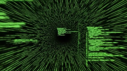 Digital data stream matrix tunnel with green code and futuristic cyberspace effect background - Powered by Adobe