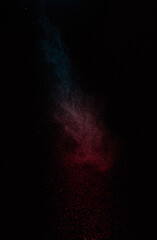 Narrow blue and red smoke trail on black background, slender cyan streak flowing into a gentle crimson dust plume, elegant abstract river of atmospheric vapor in the dark

