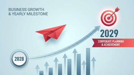 Red paper airplane flies towards a target in 2029 with corporate planning and achievement text and growth chart