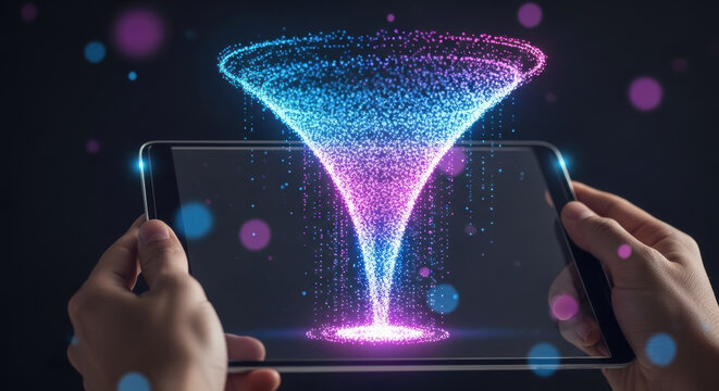 A digital data funnel visualization made of glowing particles in blue and pink emerges from a tablet screen held by two hands. Dark background with bokeh effect. - Powered by Adobe