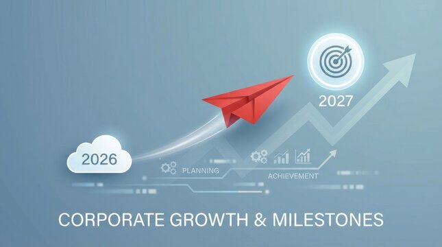 Red paper airplane flies from a cloud labeled 2026 towards a target in 2027, with charts and text indicating corporate growth and milestones - Powered by Adobe
