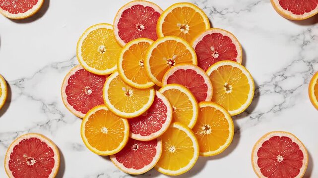 Arrangement of Fresh Citrus Fruit Slices, Including Oranges and Grapefruits, Displayed on a Marble Surface