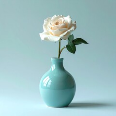 A single cream-colored rose in a teal vase