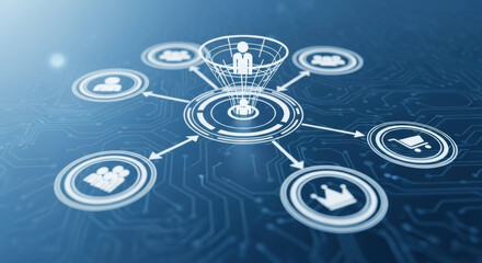 Fototapeta premium Digital Network Connection Showing Central Person Connected To Multiple People And Icons Representing Hierarchy Royalty Teamwork And Technology On A Blue Circuit Board Background With Soft Lens Flare