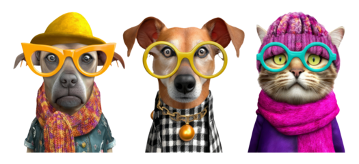 Whimsical Illustration of Stylish Pets in Quirky Fashion Accessories