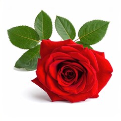 Red rose with leaves on white background