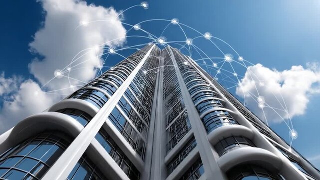 Modern Skyscrapers and Networking: A modern skyscraper pierces the sky, adorned with intricate network connections, representing the core of technological advancement and global networking.