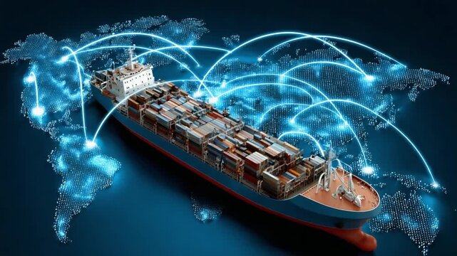 Global Shipping Network: A container ship navigates a world map interwoven with digital pathways, symbolizing the interconnectedness of global trade and commerce.