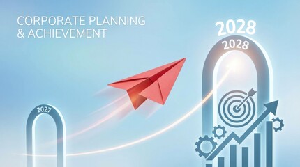 Red paper airplane flying through archways representing milestones 2027 and 2028 with growth charts business