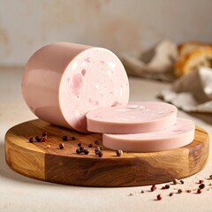 Sliced cured meat, light pink, on wooden board