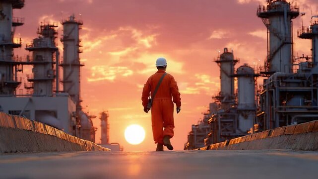 Sunset Stroll: A solitary figure, a worker in a bright orange jumpsuit, strides purposefully away from the viewer towards a mesmerizing sunset casting warm hues over an industrial landscape.