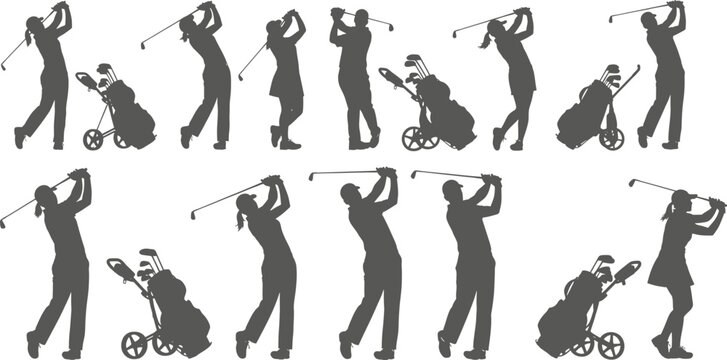 A collection of black silhouettes depicting golfers in different swing motions and with golf bags