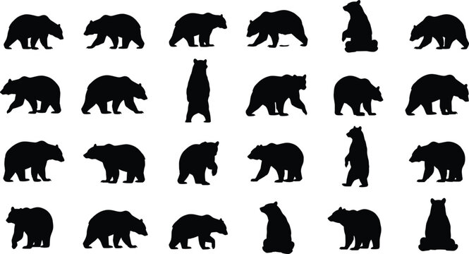 A collection of black bear silhouettes in various poses and positions, isolated on a white background