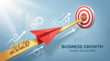 Red paper airplane flying towards a 2027 target on a golden path with business growth graph and gears