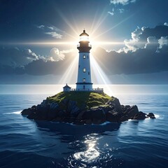 Lighthouse beaconing on a tranquil island at twilight