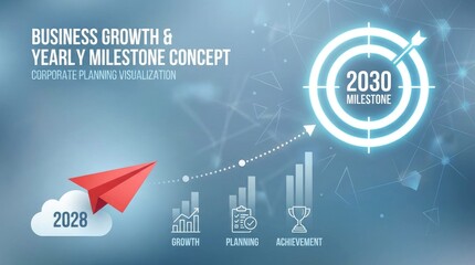 Red paper airplane flying towards a glowing target with 2030 milestone and business growth chart concept