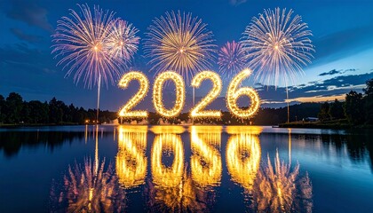 Golden 2026 digits formed by sparkling fireworks above a tranquil lake reflection