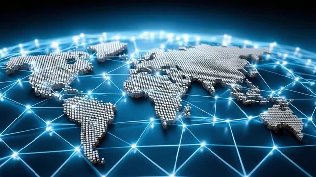 Global Network Connections: A luminous digital map of the world, interlinked with a network of glowing lines, symbolizing seamless global connectivity and communication.