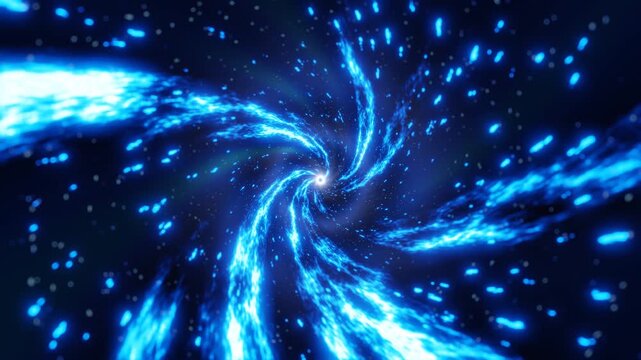 abstract spiral space glowing blue light through space tunnel particle background loop