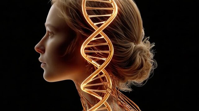 Decoding Life: A Portrait of Human Genetics and Introspection. An artistic depiction of a woman's profile is juxtaposed with the elegant form of a DNA strand.