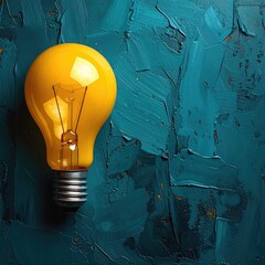 Bright yellow light bulb on textured teal surface